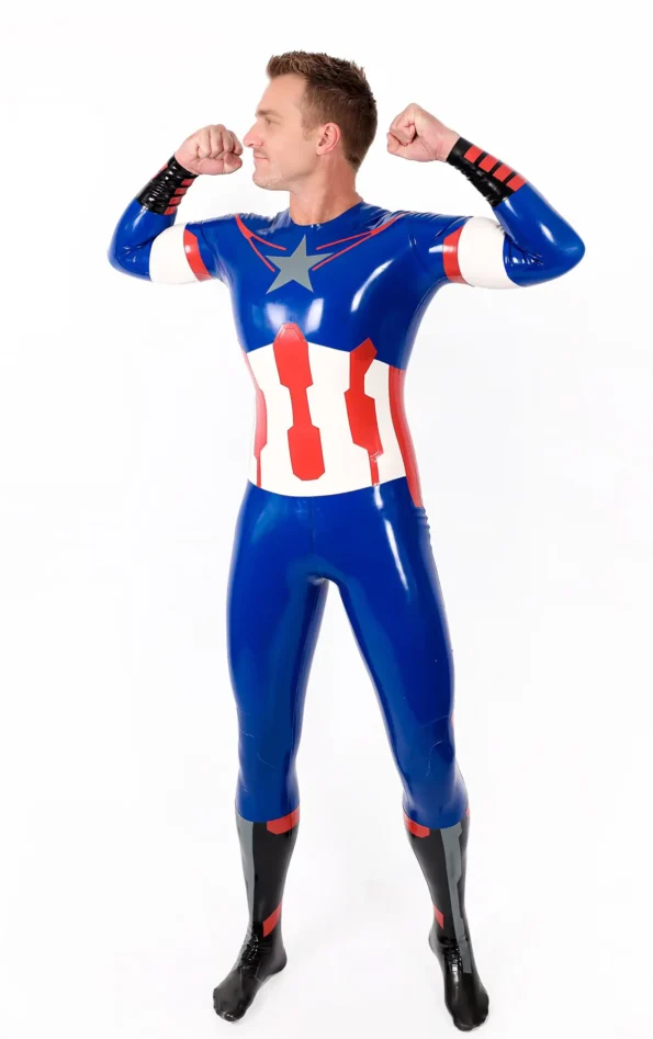 Male American Hero Latex Neck Entry Cosplay Catsuit With Feet