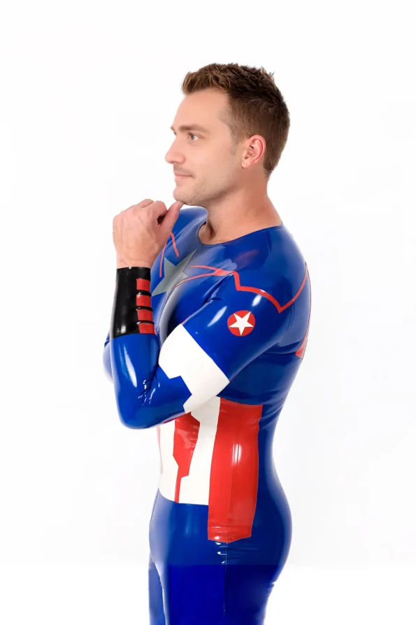 Male American Hero Latex Neck Entry Cosplay Catsuit With Feet