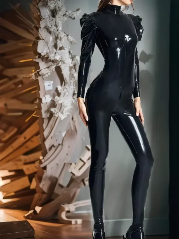 Latex jumpsuit with puffed sleeves