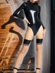 Latex jumpsuit with puffed sleeves