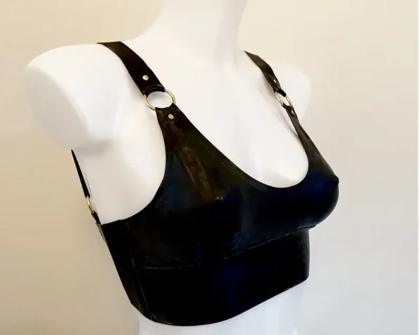 Latex bra with hardware and buckle closure