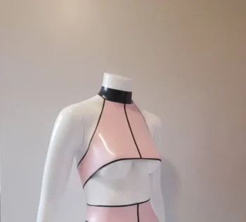 Latex Pin Striped Halter Neck, Under Boob Crop Top with Popper Fastening Collar