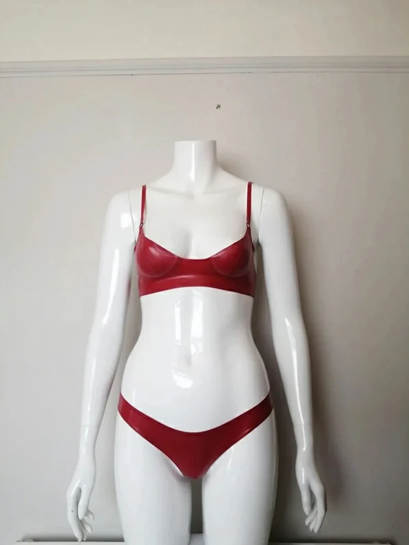 Latex Two Piece Set with Low Waist Briefs and Round Cup Bra