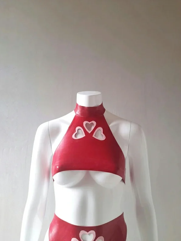 Latex Triple Heart Set with Under boob Halter Top and High-waist Thong