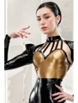 latex plunge batwing buckle blouse top