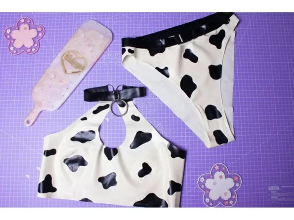 Cow print latex Keyhole bra& bikini Set