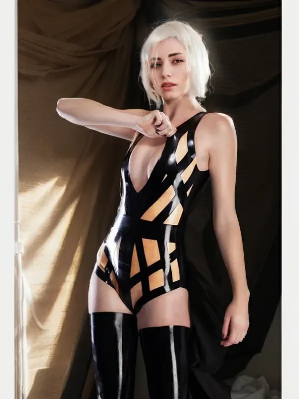 Latex Bodysuit Cage, in Black and Translucent Natural. lingerie.