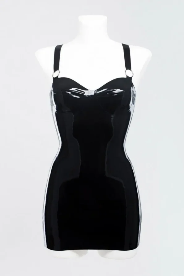 Latex dress decorated with metal rings