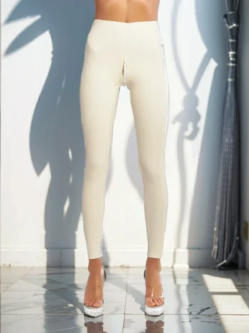 White latex leggings with double slider crotch zipper