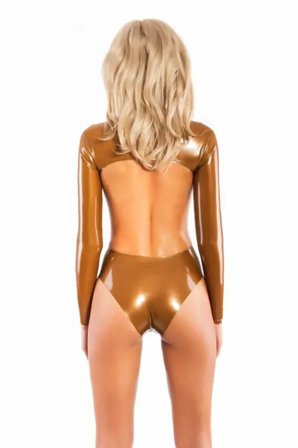 Latex one-piece swimsuit with open back and front zipper