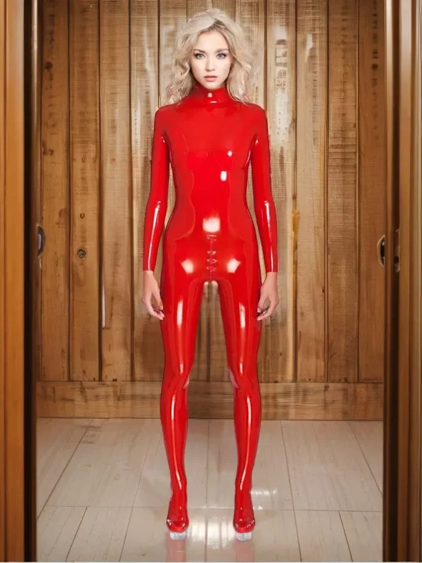 Latex catsuit with cups and closed feet