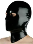 Latex panelled hood with mouth condom and rear zipper