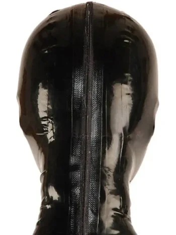 Latex panelled hood with mouth condom and rear zipper