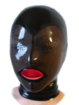 Latex panelled hood with mouth condom and rear zipper