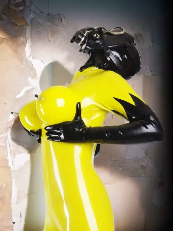 Black & Yellow Big Boobs Latex Catsuit