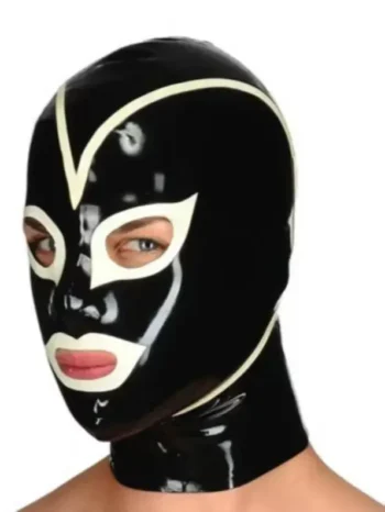 Latex hood in black and white with rear zipper