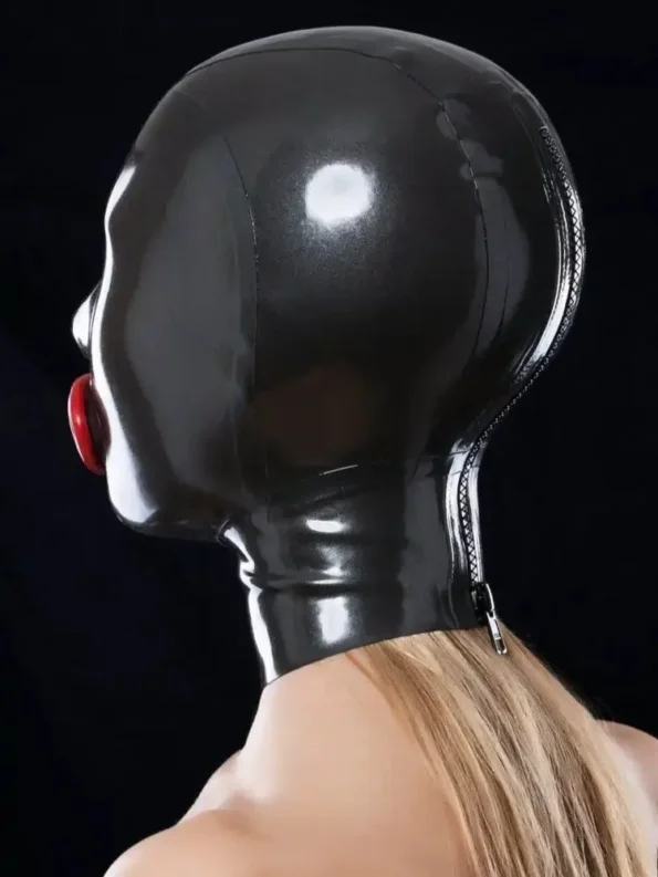 Latex mask with red condom and cut-outs for nostrils