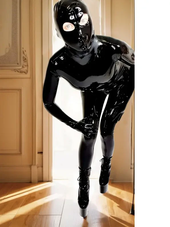 Black Combination Catsuit Latex Integral Full Cover Rubber