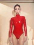 sleek long-sleeved polo neck latex leotard with a high cut waist