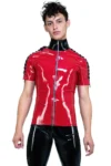 Latex T-shirt with lace sleeve detail zip front.