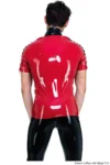 Latex T-shirt with lace sleeve detail zip front.