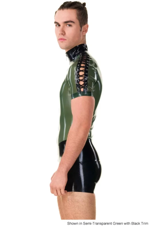 Latex T-shirt with lace sleeve detail zip front.