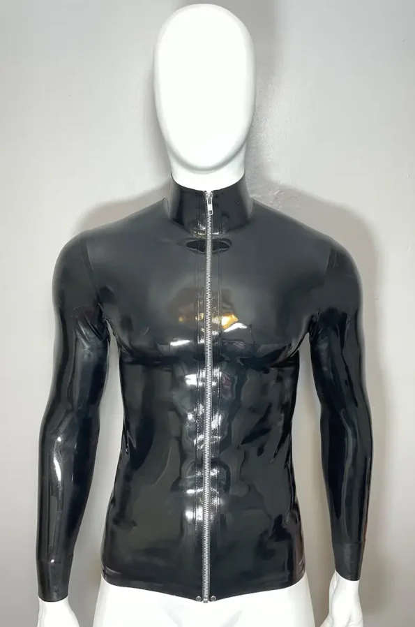 Latex High Neck Top Front Zip Long Sleeve T-Shirt