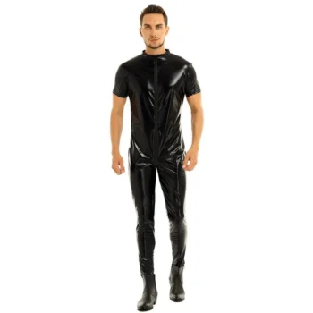 Latex Men's Front Zip Short Sleeves Catsuit