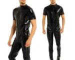 Latex Men's Front Zip Short Sleeves Catsuit