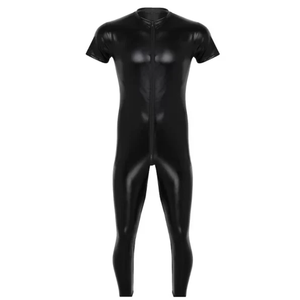 Latex Men's Front Zip Short Sleeves Catsuit