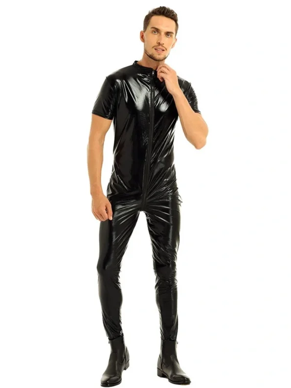 Latex Men's Front Zip Short Sleeves Catsuit