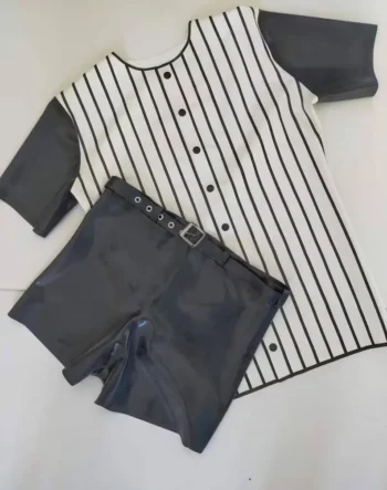 Striped Latex Baseball Shirt And Belted Shorts