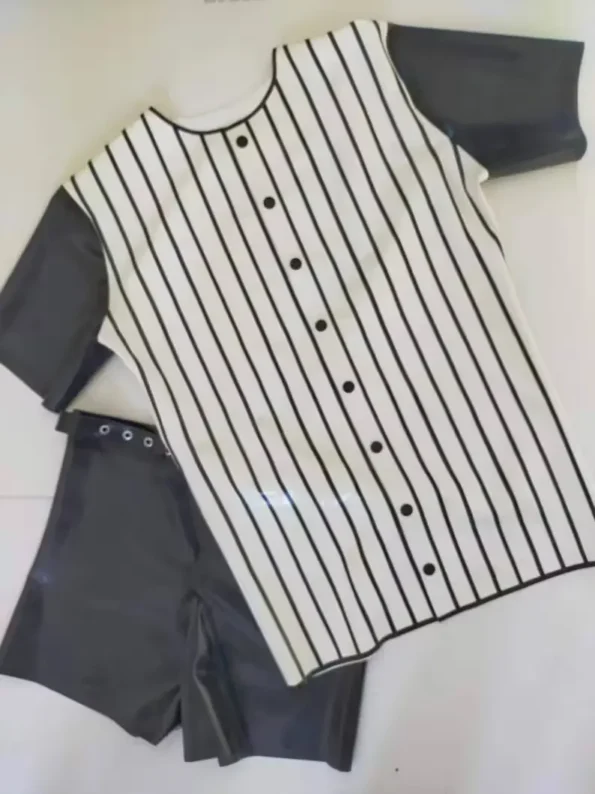 Striped Latex Baseball Shirt And Belted Shorts