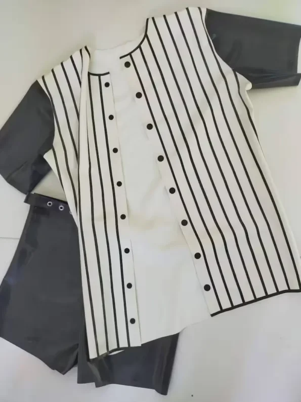 Striped Latex Baseball Shirt And Belted Shorts