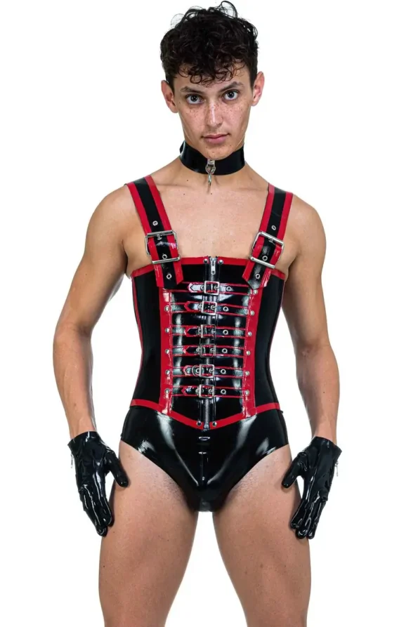 Men's Latex Front Buckle And Zip Corset